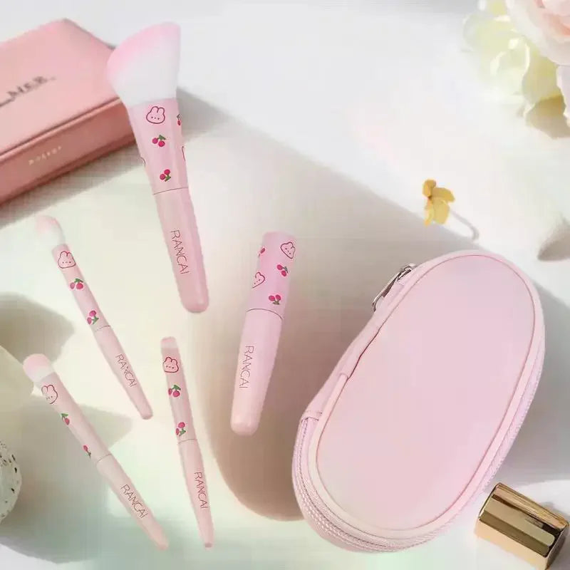 5pcs Cute Compact Makeup Brush Set With Case Premium Brush For Flawless Foundation Blush Eyeshadow Application Beauty Tools