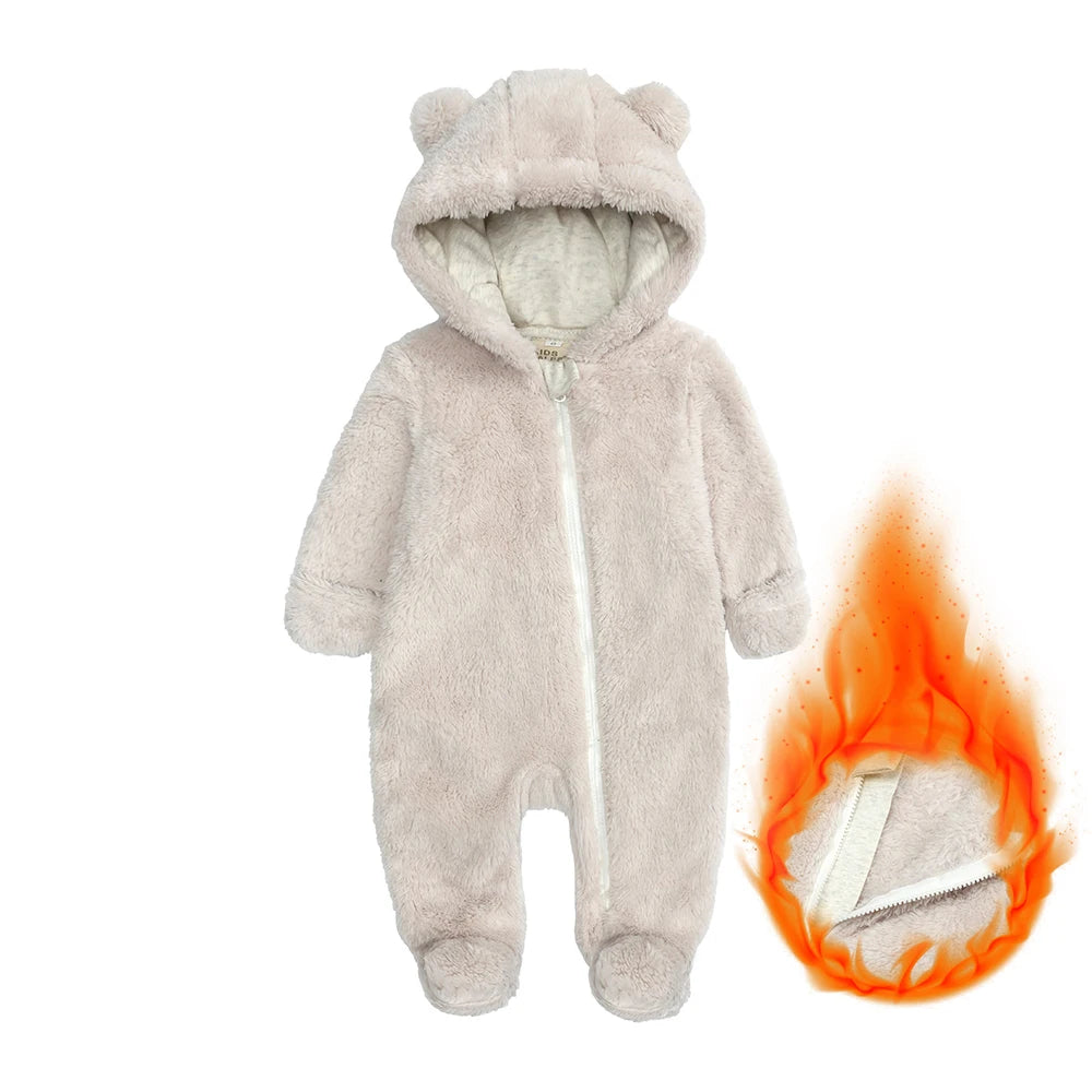 2026 Winter Baby Rompers Infant Fleece Bear Hooded Onesies Newborn Baby Boy Girl Zipper Jumpsuit Bodysuit Pyjamas