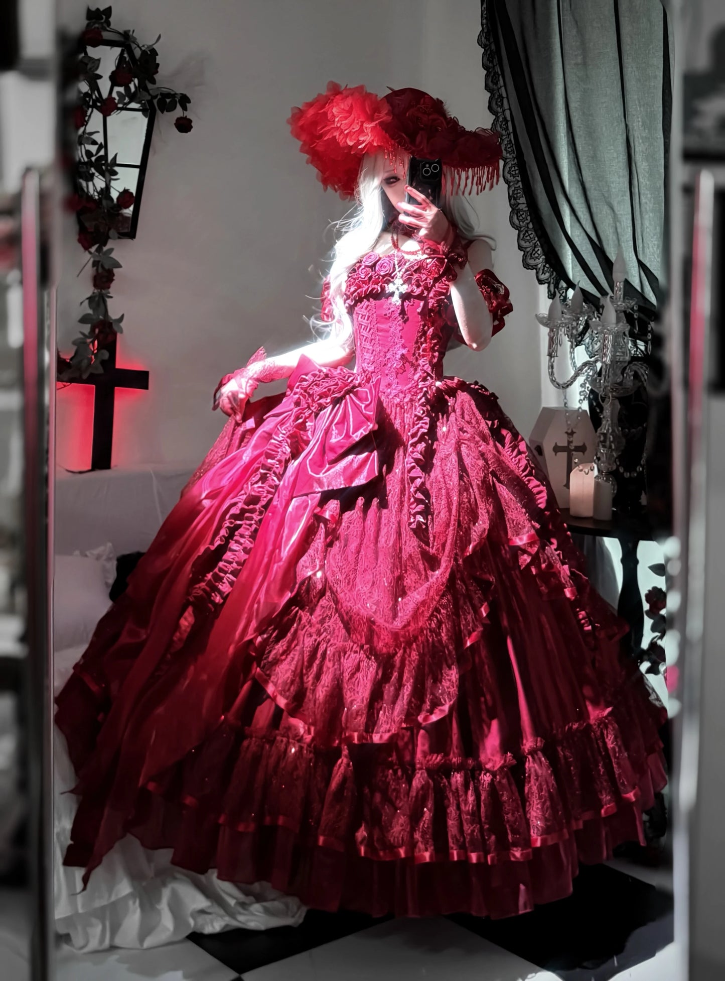 Original Burgundy Fish Bone Flower Wedding Dress Lolita Girl Women's Fairy Lace Bow Slim Maxi Long Party Birthday Dresses