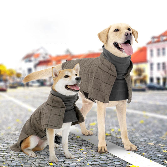 Thickened British Style Luxury Designer Dog Clothes High-neck Fashionable Plaid Dog Jacket with Leash Hook Large Dogs Dresses