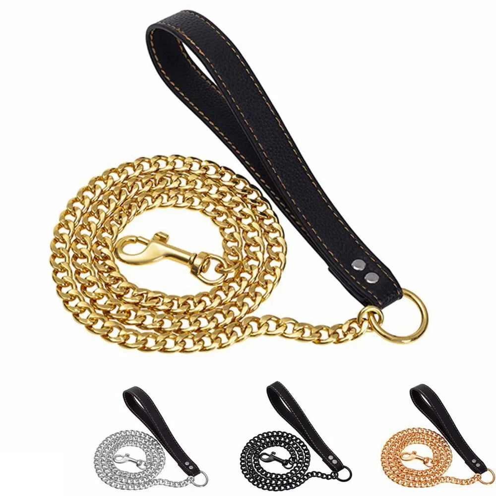 Stainless Steel Gold Chain Dog Leash Metal Chew Proof Heavy Duty Dog Leash Chain with Leather Padded Handle for Large Medium Dog
