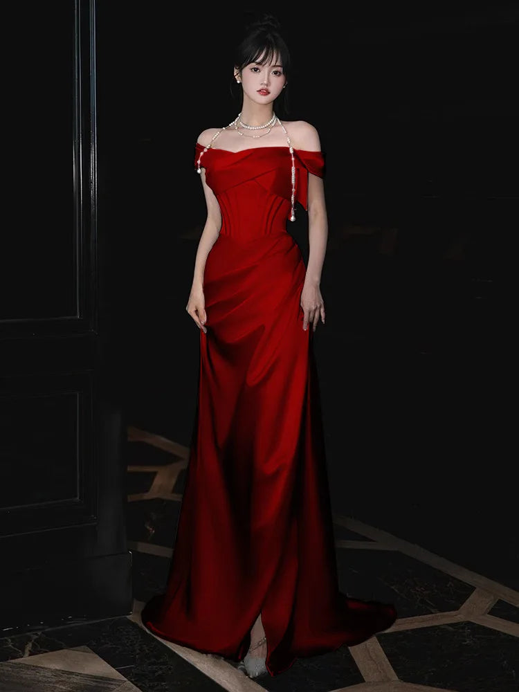 French Style Luxury Pleat Satin Strapless Light Wedding Bridal Dress Off-Shoulder Light Wedding Dress Birthday Party Prom Gowns