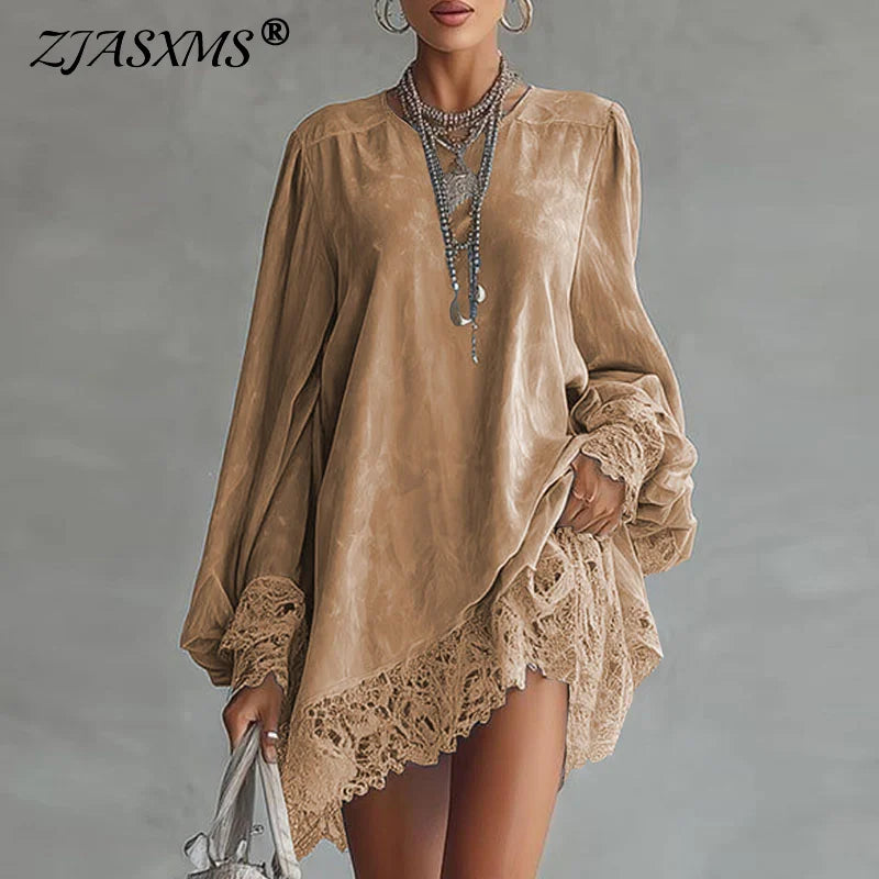 Woman Sexy V Neck Patchwork Lace Party Dress Spring Elegant Solid Loose Mini Dress Autumn Long Sleeve A-Line Boho Dress Vestidos