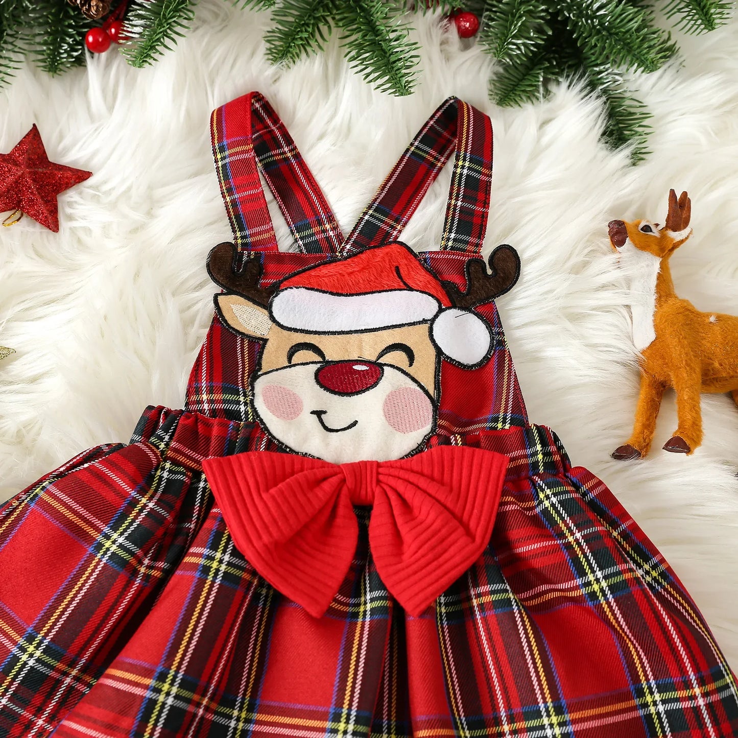 Prowow Baby Girls Christmas Outfits Set Red Bodysuit+Plaid Deer Suspender Dress Set 3pcs My First New Year Costume For Baby 2026