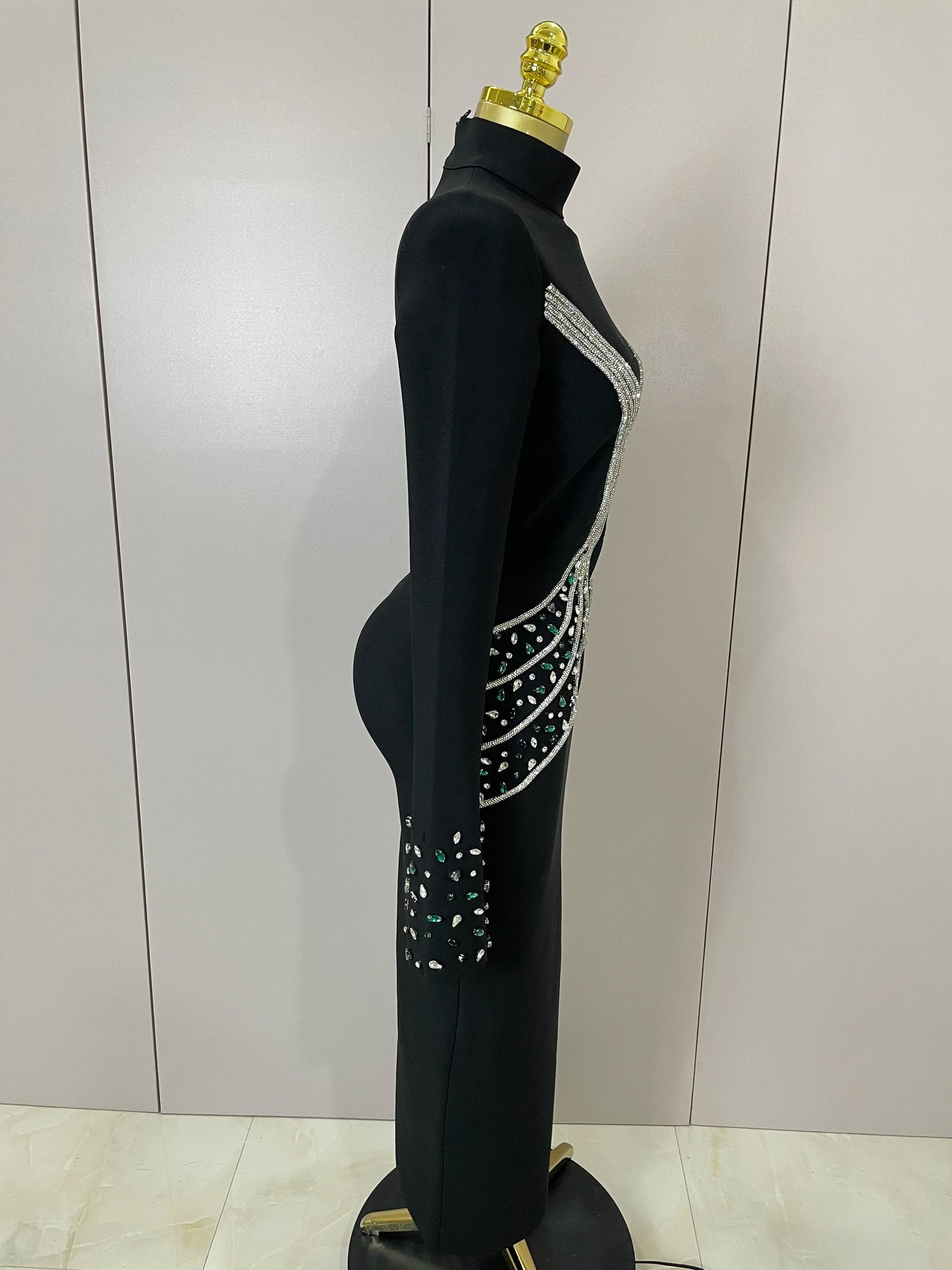 Women High Quality Black Color Long Sleeve Sexy Shiny Crystal Bodycon Long Bandage Dress Evening Birthday Party Cocktail Dress