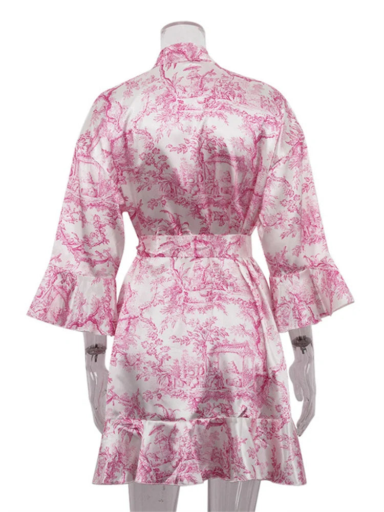 Tossy Ruffled Printed Lace-Up MIni Dress Women V-Neck Patchwork Contrast Fashion Elegant Bandage Party Dress Female Summer Dress