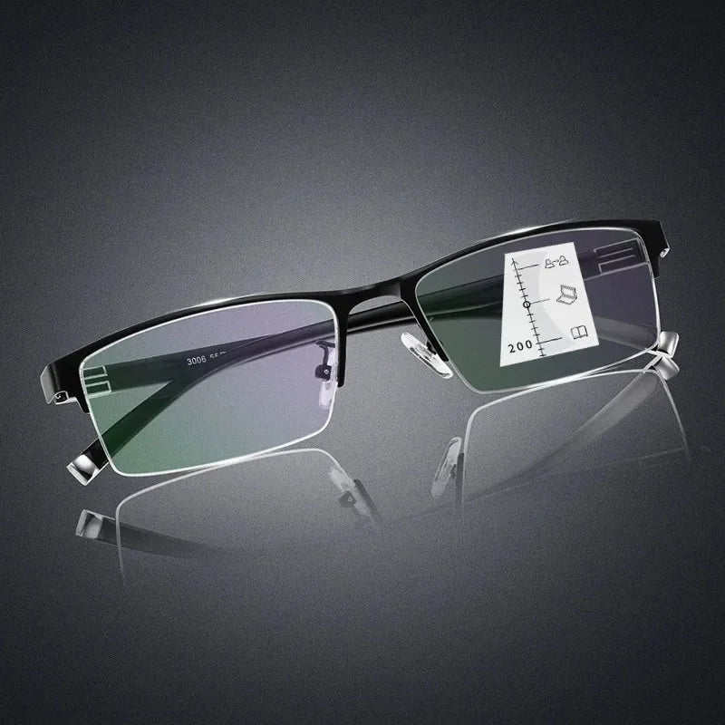 Photochromic Multifocal Reading Glasses Half Frame Color Changing Fashion Presbyopia Trendy Far Sight Sunglasses for Men Women