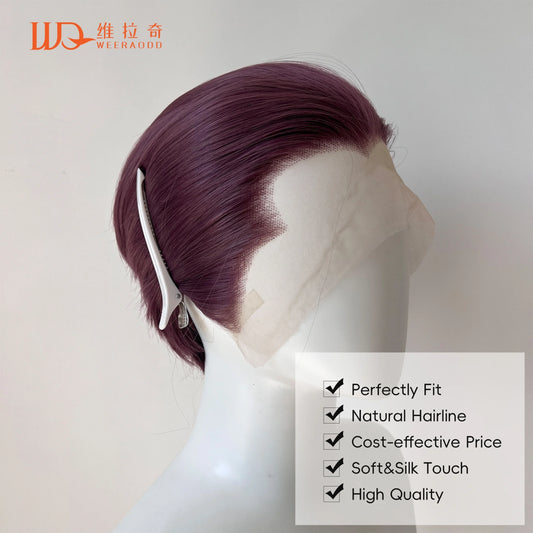 13x4 Lace Frontal Wig 10" Widow's Peak Taro Ash Purple Synthetic Hair Natural Hairline Glueless Cosplay Party Hairpieces Unisex