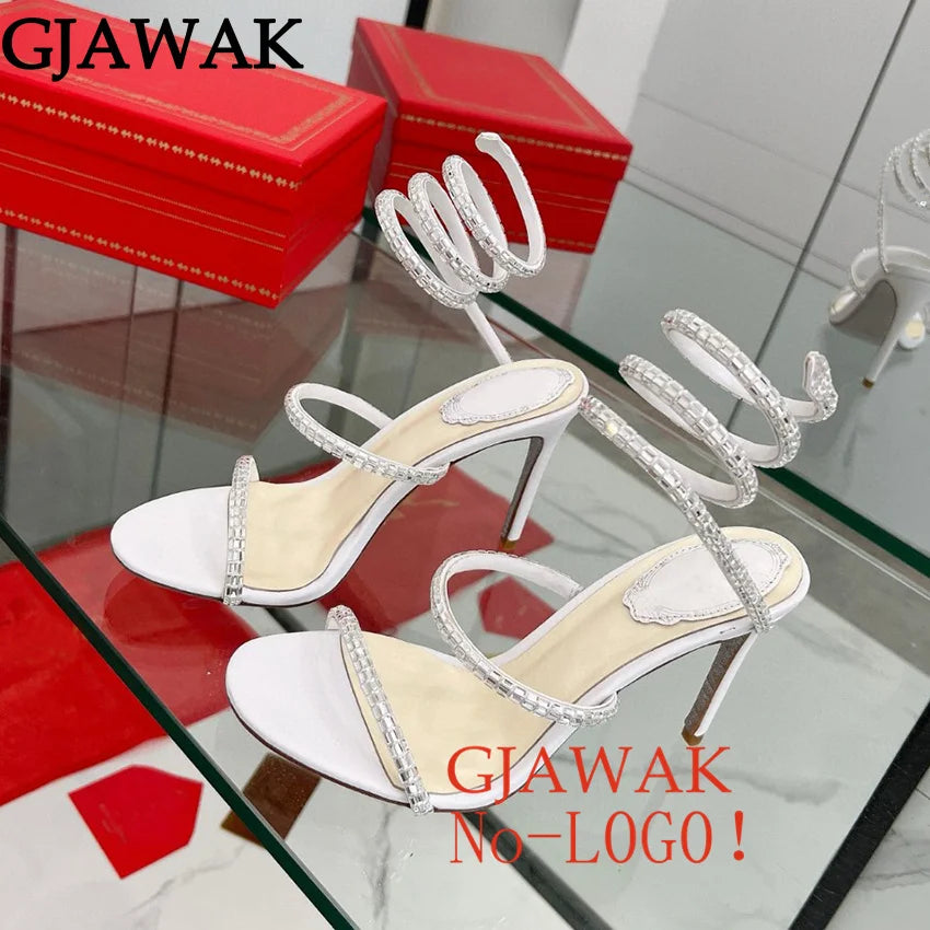 Summer Crystal Bowknot High Heels Sandals Woman Twine Around Ankle Snake Wedding Shoes For Woman Runway Gladiator Sandals Women
