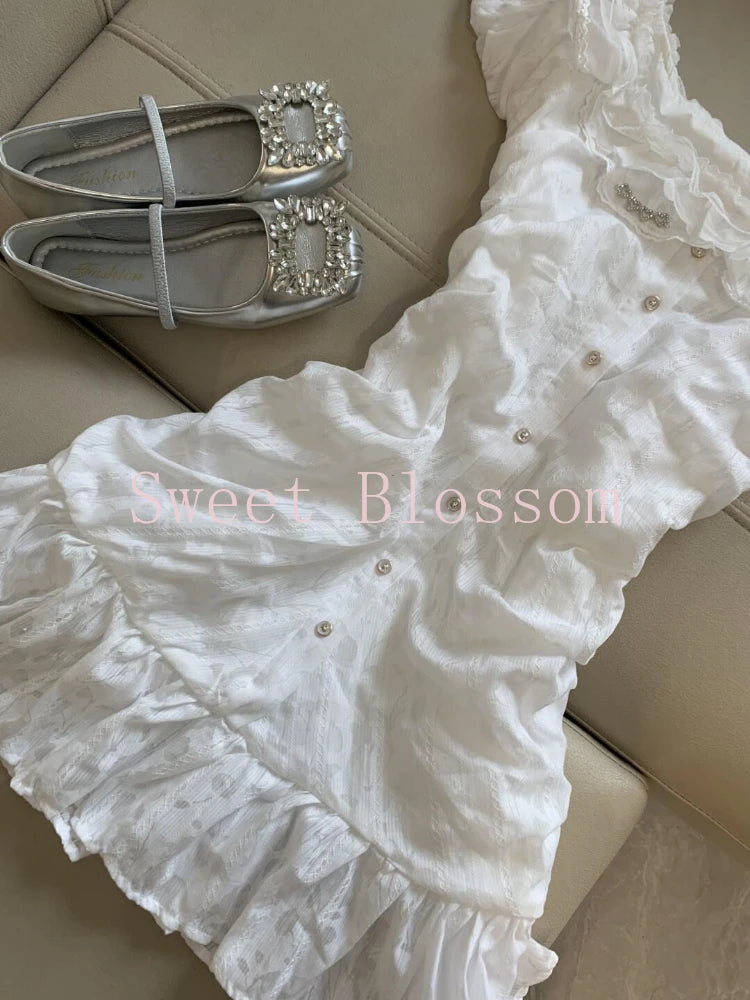 White Sweet Slim Lace Fairy Dress Women French Elegant Sexy Style Summer Dresses New Design Fashion Single-breasted Clothes 2025