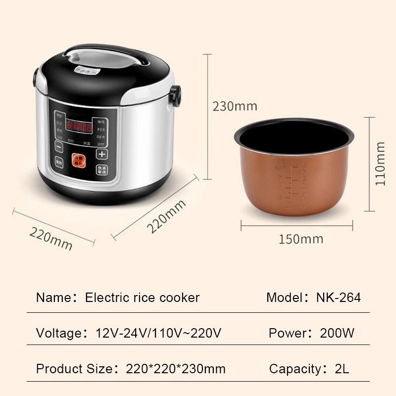 Electric Car Rice Cooker 2L Portable Truck Multi-Cooker Soup Porridge Cooking Food Steamer Electric Lunch Box 12V or 24V