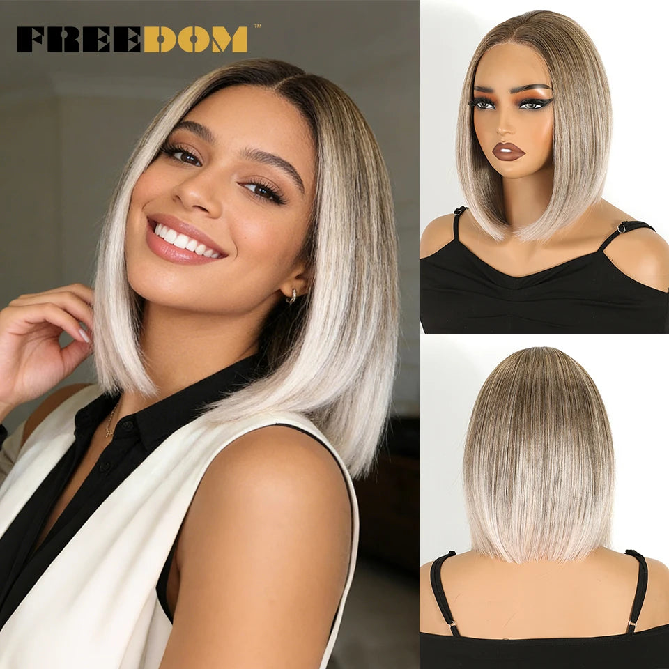 FREEDOM Synthetic Lace Front Wigs For Women 10 inch Short Bob Wig 13x3 Pre Plucked Natural Hairline Ombre Brown Blonde Lace Wig