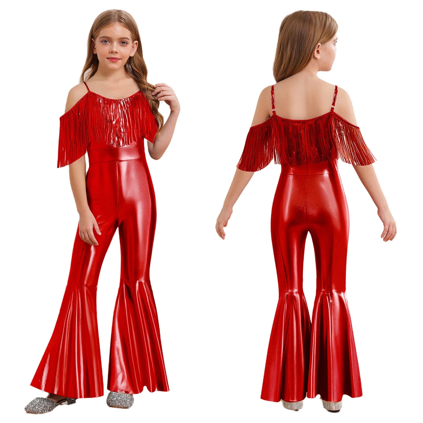 Halloween Kids Girls Hippie Costume Tassels Unitard Bell-bottom Long Pants Bodysuit Jumpsuit for Disco Dance 60s 70s Rave Party