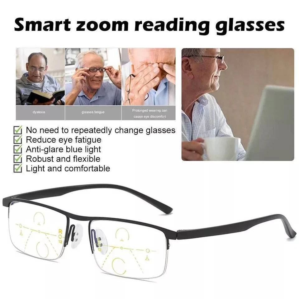 Progressive Reading Glasses Multifocal Anti-blue Light Smart Zoom Glasses Half Frame Metal Men Women +1.5 To +4.0