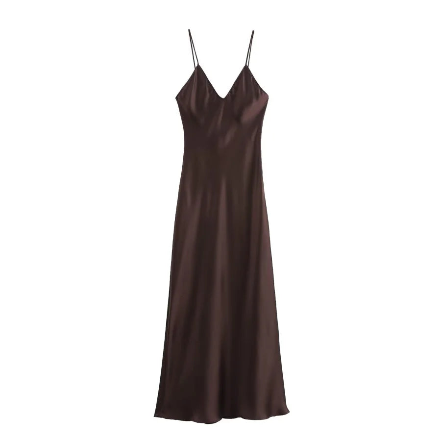 2025 New Elegant women's fashion silk satin texture MIDI dress sexy backless party slip dress