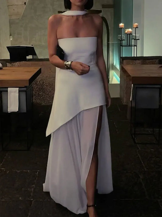 Summer New Women Dresses Streetwear Fashion Ribbon Zippers Split Maxi Dress Solid Sexy Sleeveless Strapless Lady Dress Clothing