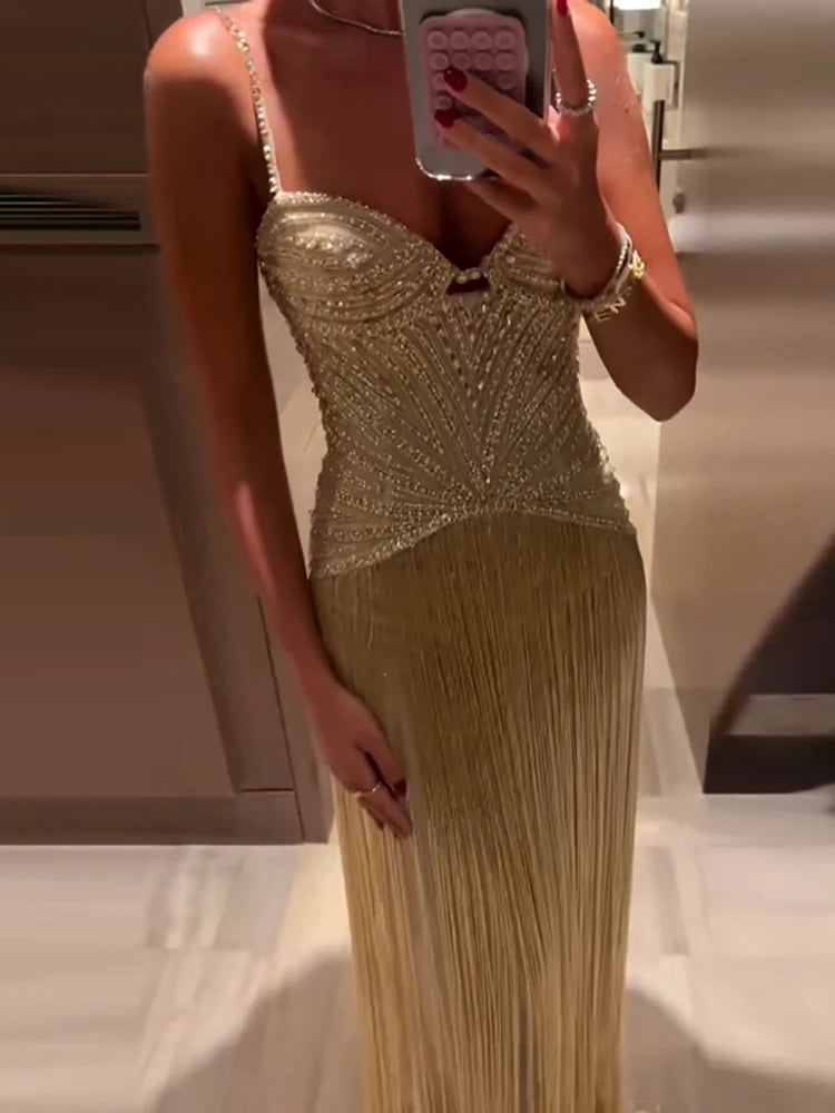 New 2026 Women's Banquet President Dress Fashion Sequin Tassel Slim Cocktail Dress Elegant Temperament Off Shoulder Strap Dress