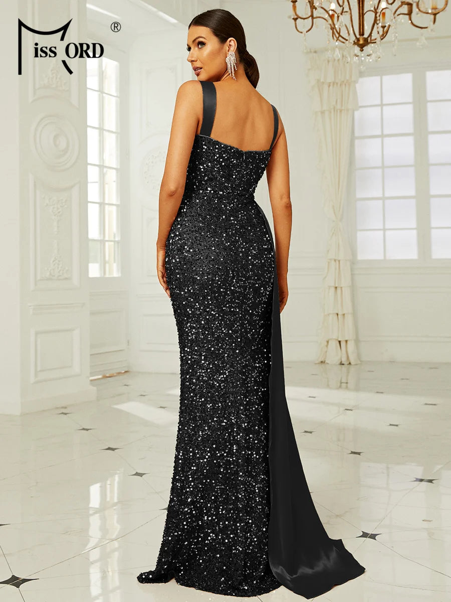 Missord Pink Sequin Bridesmaid Wedding Dress Elegant Women Suspender Draped Thigh Split Party Evening Dresses Long Prom Gown