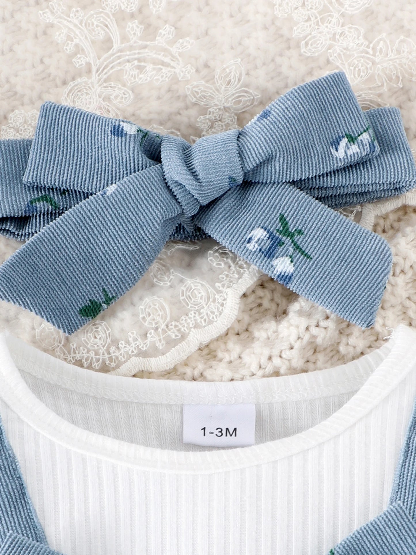 Sweety Baby Girls Long Sleeve Romper Floral Print Fake Two Pieces Patchwork Bow Jumpsuits Headband Set
