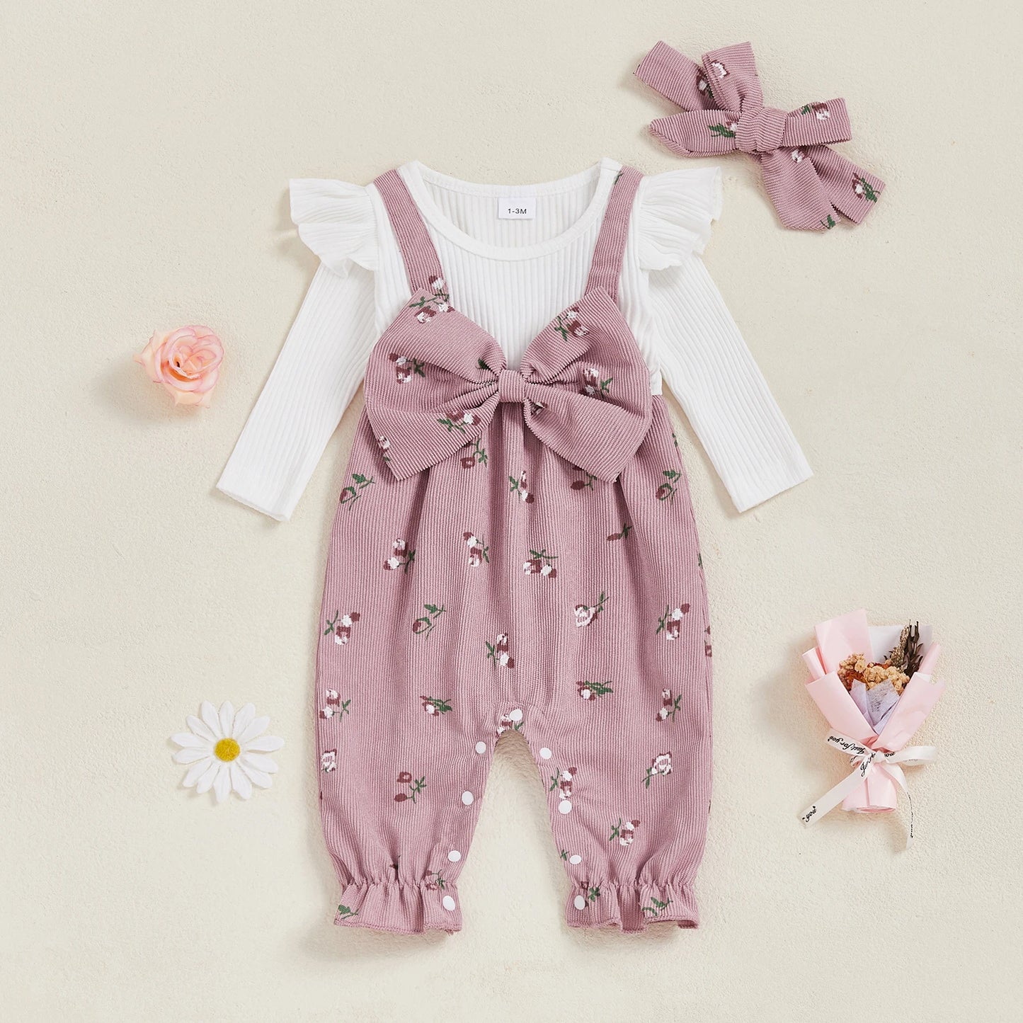 Sweety Baby Girls Long Sleeve Romper Floral Print Fake Two Pieces Patchwork Bow Jumpsuits Headband Set