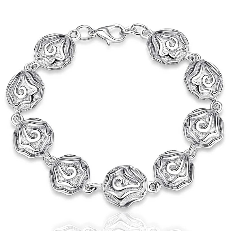 Hot Wedding Jewelry Noble Elegant Roses Flower Ring Necklaces Bracelets Bead Chain Stud Earrings Silver Color Jewelry Sets
