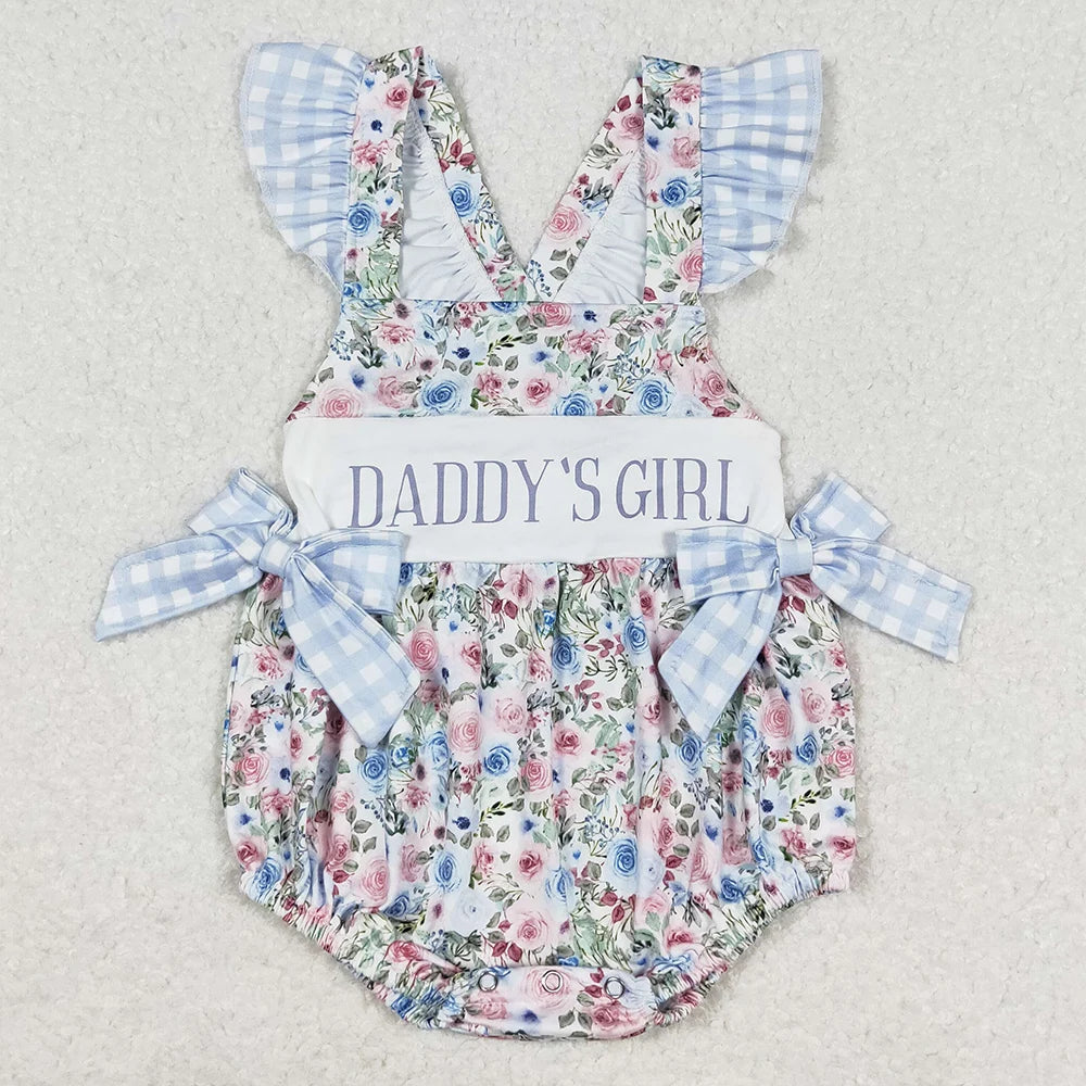 Hot Sale Baby Girls Rompers Blue Flutter Sleeves Bows Ruffle Rompers Boutique Toddler Girls Bubbles Summer Rompers Girls Onesie