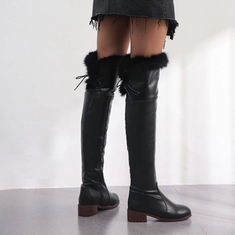 SIMLOVEYO Snow Boots fur Women Leather Boots Med Block Heels Over The Knee Boots Lady Shoes Bota Feminina Size 44 46