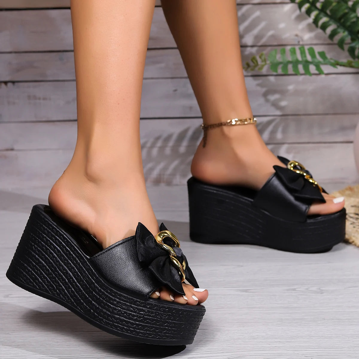 Women's Summer Fashion New Bow Designer Thick Sole Non-Slip Sandals Outdoor Casual Solid Color Open Toe Beach Flip Flops
