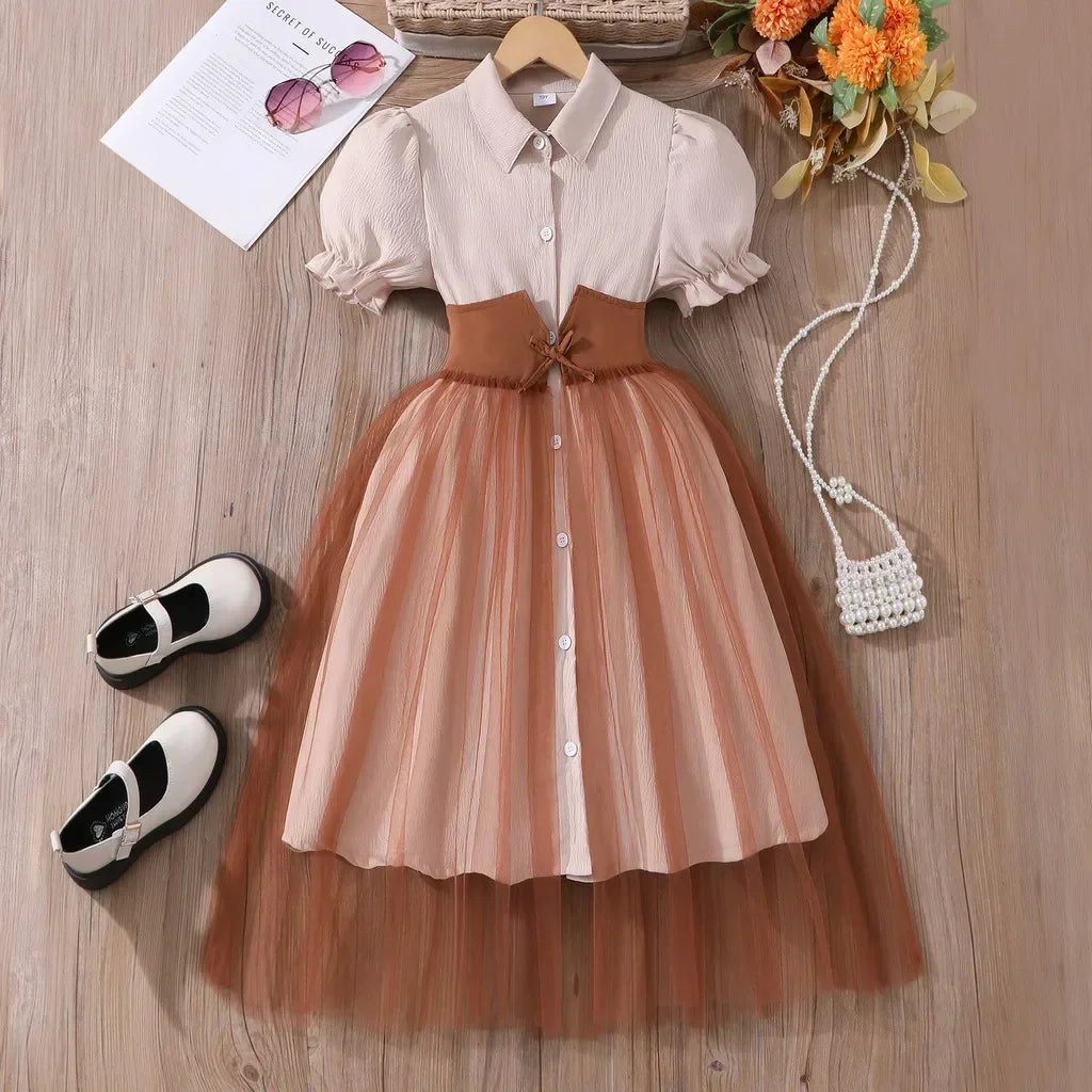 Teen Girl Dress Summer Pink Retro Short Sleeve Children Dresses Fashion Girl Costume Party Big KIds Outfit 7 8 9 10 11 12Yrs