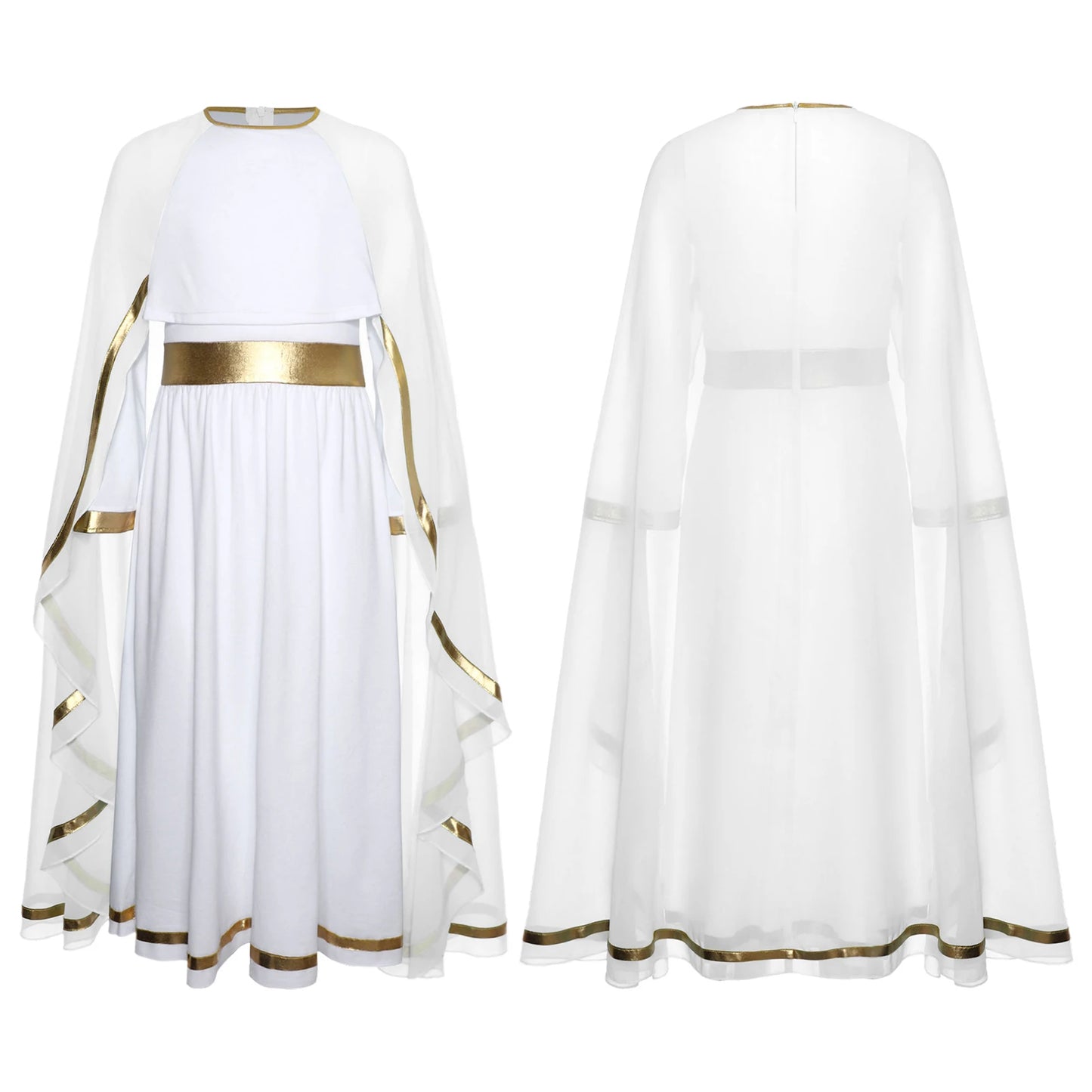 Halloween Virgin Mary Costume for Kids Girls Fancy Greek Princess Cosplay Long Sleeve Ruffle Dress with Chiffon Cape Theme Party