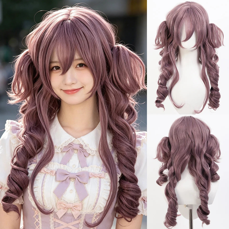 Synthetic 24 inch Loiita Black Pink Tousled Long Straight Wig Double Ponytail Hair Extensions cosplay wig Christmas