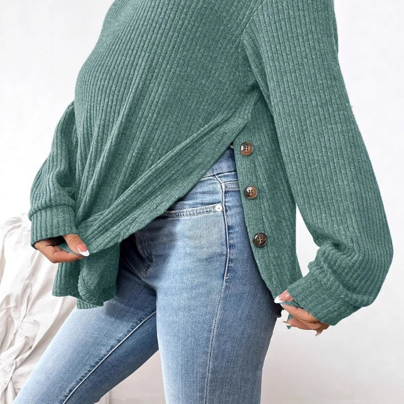 Pregnant Women's New Top For Autumn And Winter Casual Pullover Round Neck Long Sleeved Button Sweater