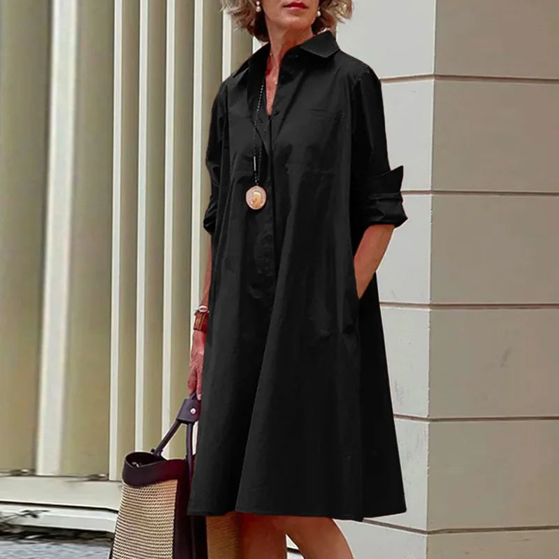 Women Casual Solid Pocket Shirt Dress Elegant Turn Down Collar Office Lady Dress Autumn Female Long Sleeve Loose Dress Vestidos