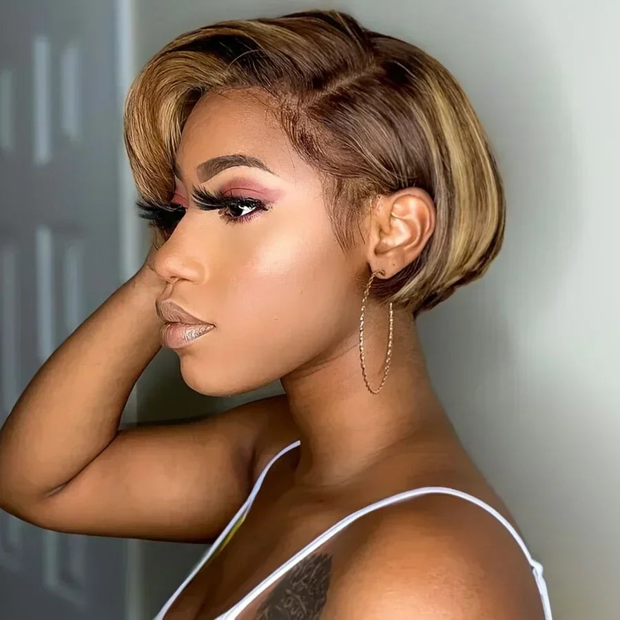 13x4 Lace Front Pixie Cut Bob Wig Highlight Honey Blonde Ombre Brazilian Remy Human Hair Pre‑Plucked Natural Hairline Soft