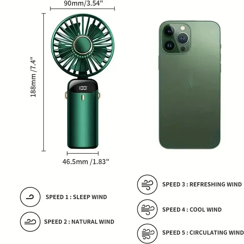 5-Speed Portable Handheld Mini Fan Foldable Neck Hanging Fans USB Rechargeable Fan with Phone Stand and Display Screen fan
