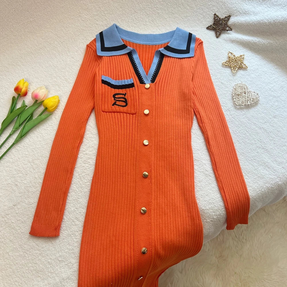 YuooMuoo Women Dress 2025 Autumn Winter Fashion Y2K Embroidery Slim Elastic Long Sweater Dress Elegant Lady Office Dress Vestido