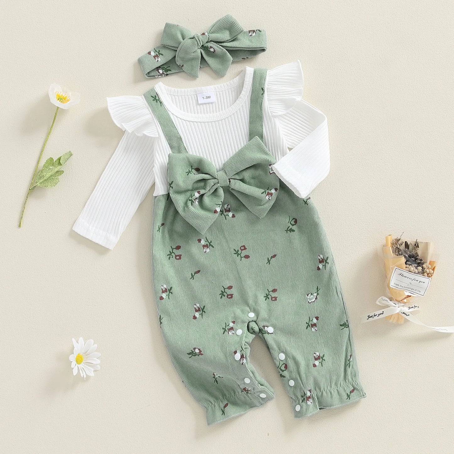 Sweety Baby Girls Long Sleeve Romper Floral Print Fake Two Pieces Patchwork Bow Jumpsuits Headband Set