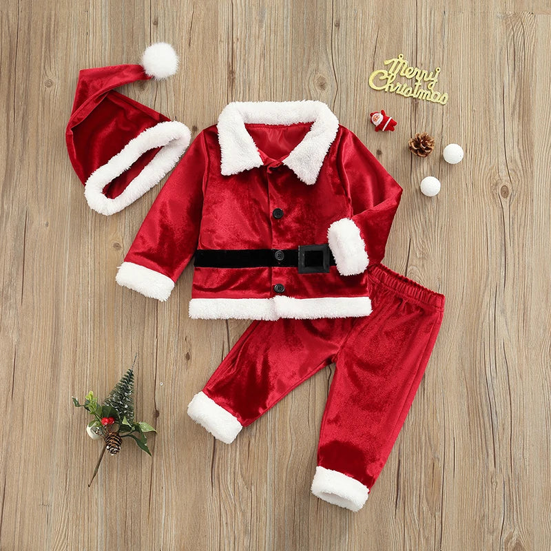 Toddler Baby Boys Girls Santa Costume Velvet Long Sleeve Christmas Jacket + Long Pants +Xmas Hat 3pcs Sets