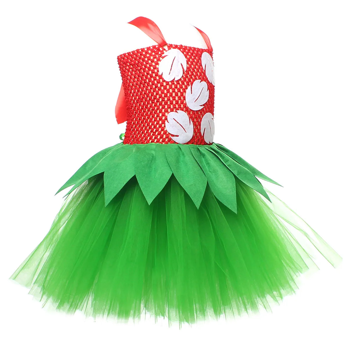 Halloween Costume for Girls Chirdren Summer Red and Green Floral Hawaiian Party Dress with Wreath Outfit for Halloween