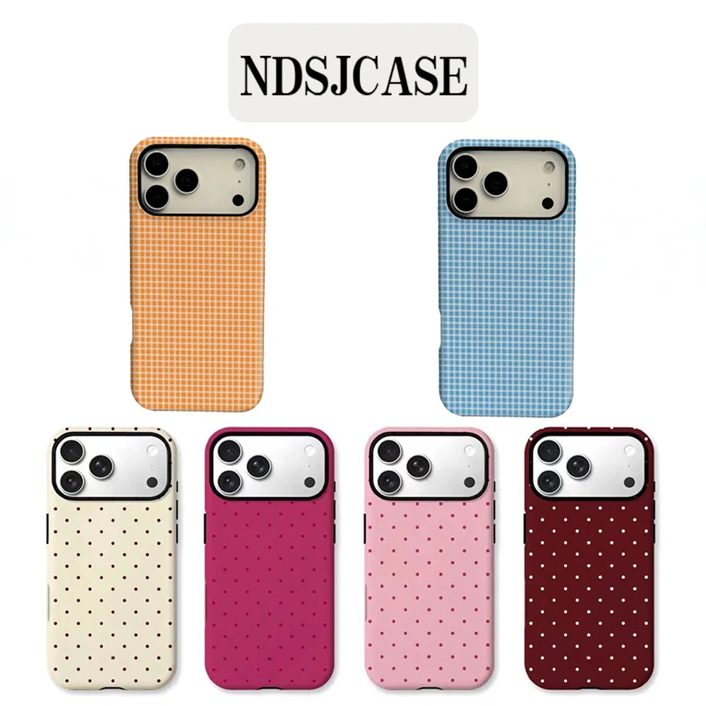 Ins Korean polka dot grid pattern Phone Case for iPhone 17 16 15 14 13 12 11 X Air Pro Max Plus Luxury Double-layer Back Cover