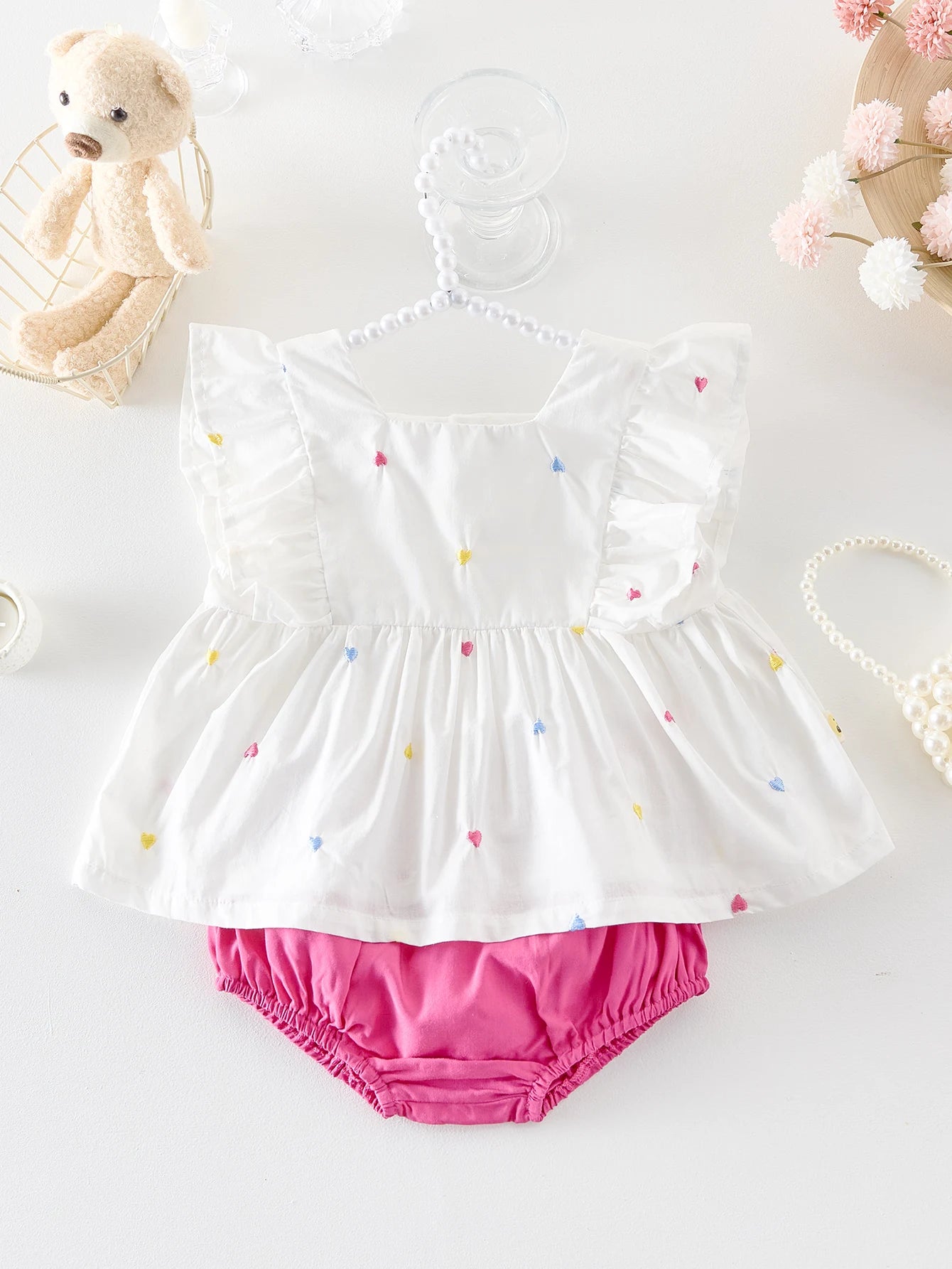 A sweet embroidered summer baby girl set with flying sleeves and shorts