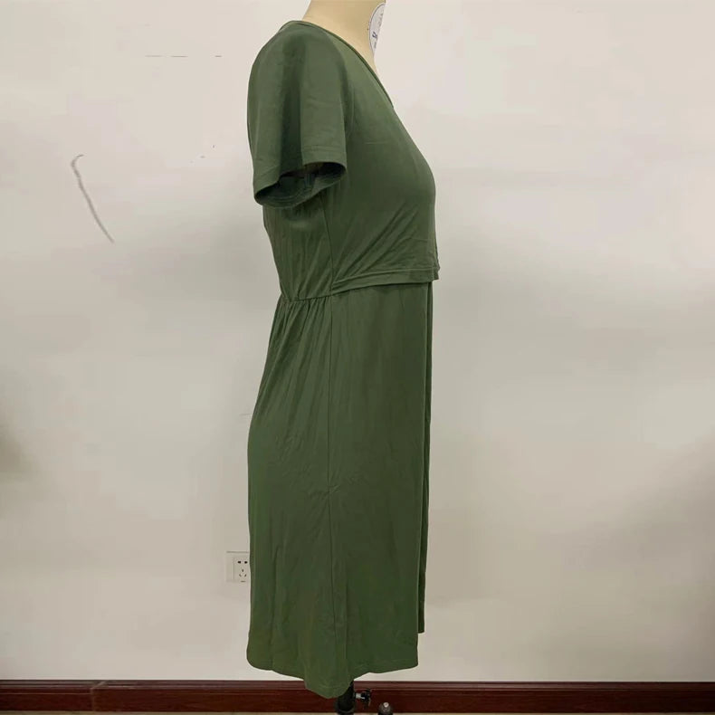 Solid Color 2 in 1 Nursing Breastfeeding Night Dress Ladies Pregnant Women Nightgown Dress Summer Short Sleeve Maternity Dress