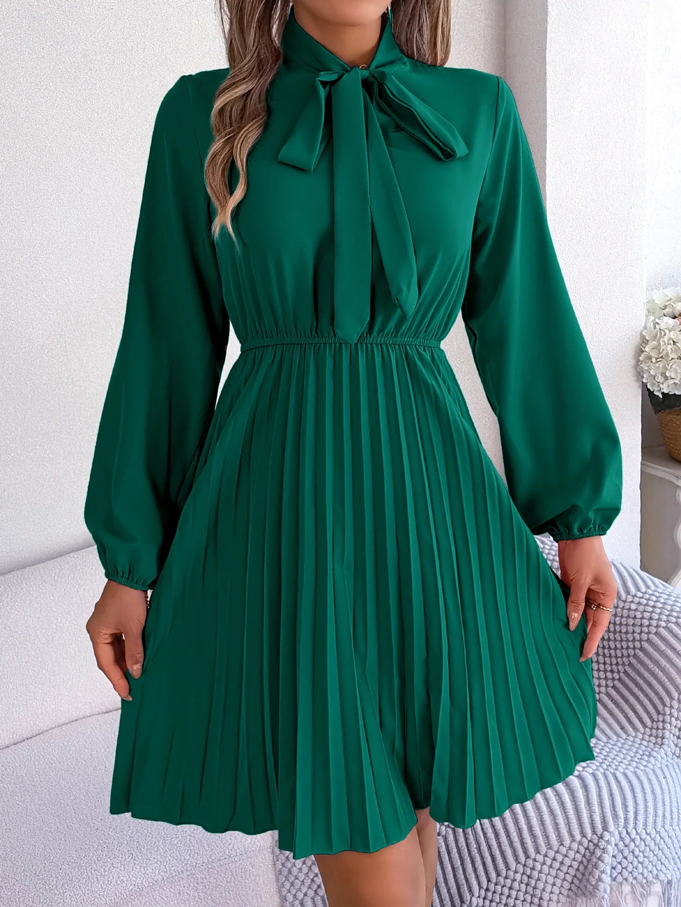 Women Fall Vacation Elegance V Neck Solid Tie Waist Ruffle Hem Pleated Midi Dress Long Sleeve Wedding Dress