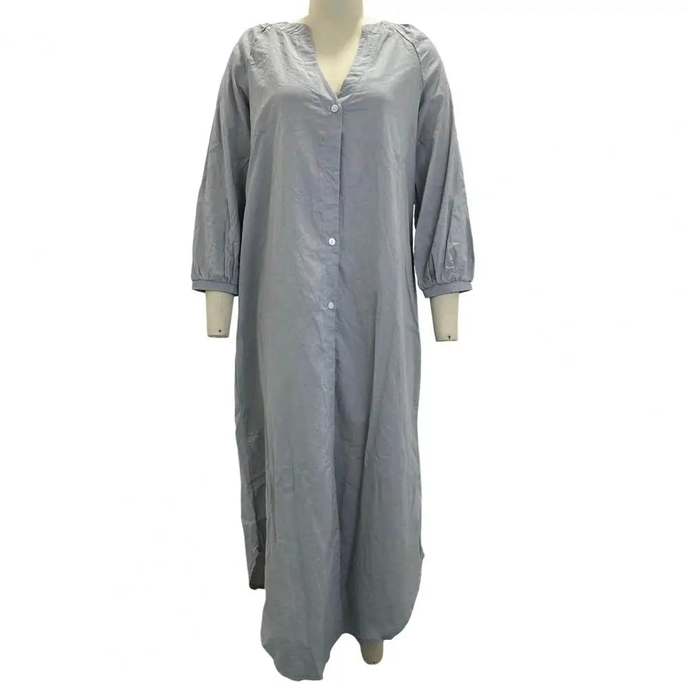 Spring Autumn Women Long Dress Loose Button-down 3/4 Sleeves Maxi Dress Pure Color V Neck Cardigan Casual Dress For Daily Wear