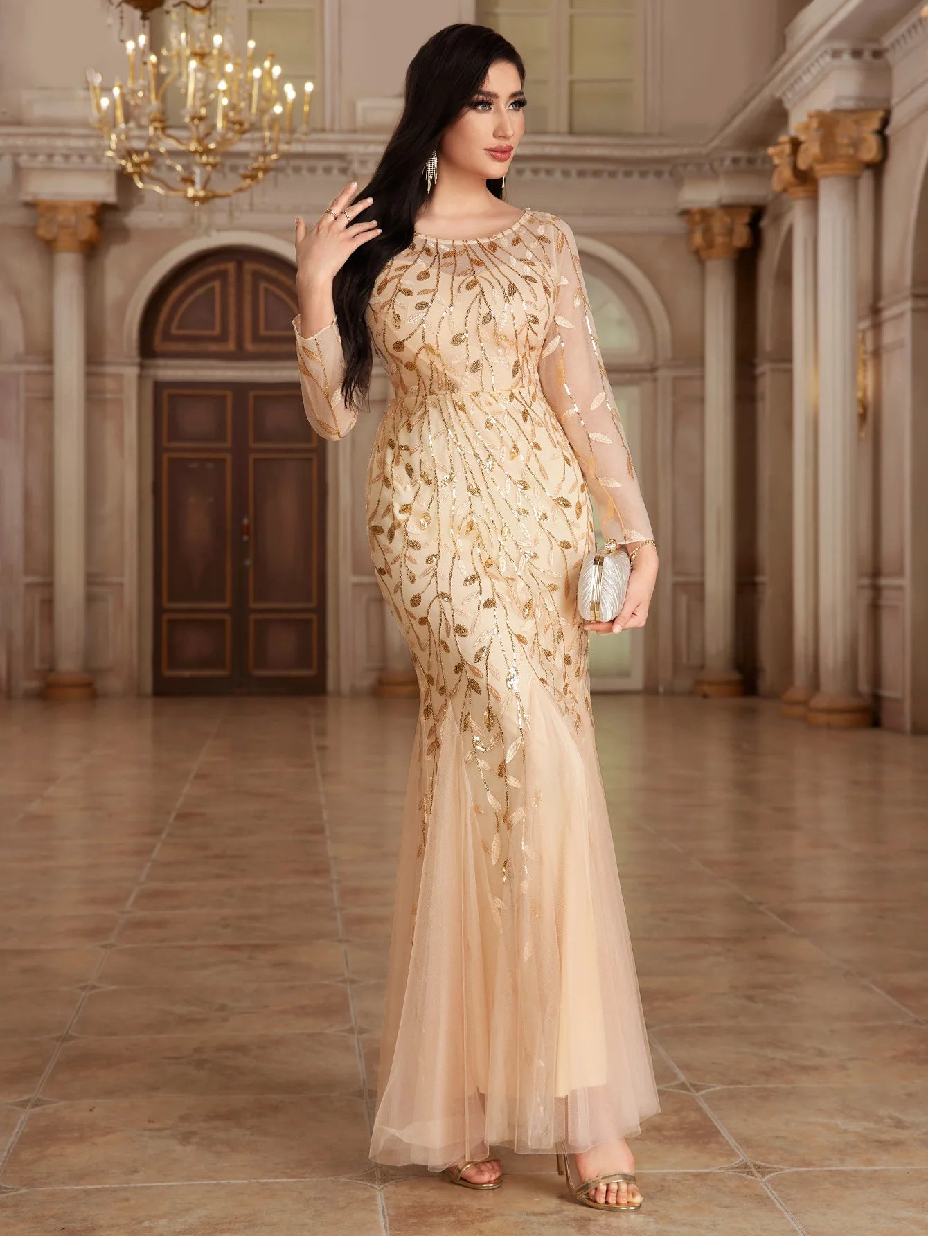 Elegant Round Neck Sequined Mermaid Long Formal Evening Dress With Long Sleeves