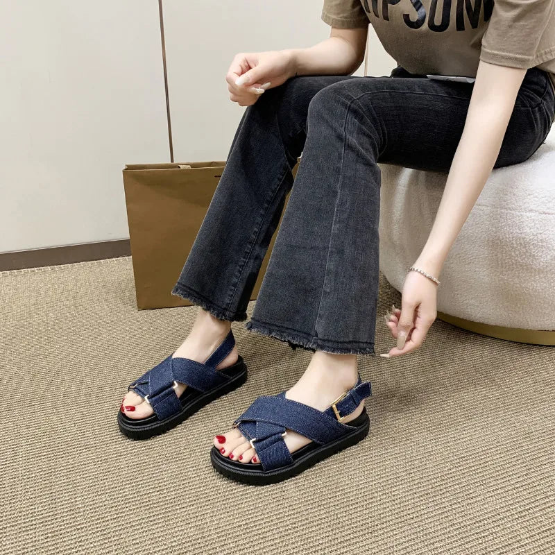 Denim Cross-strap Thick Sole Sandals Women 2025 New Summer Platform Shoes  Woman Outdoor Casual Sports Beach Shoes Slippers