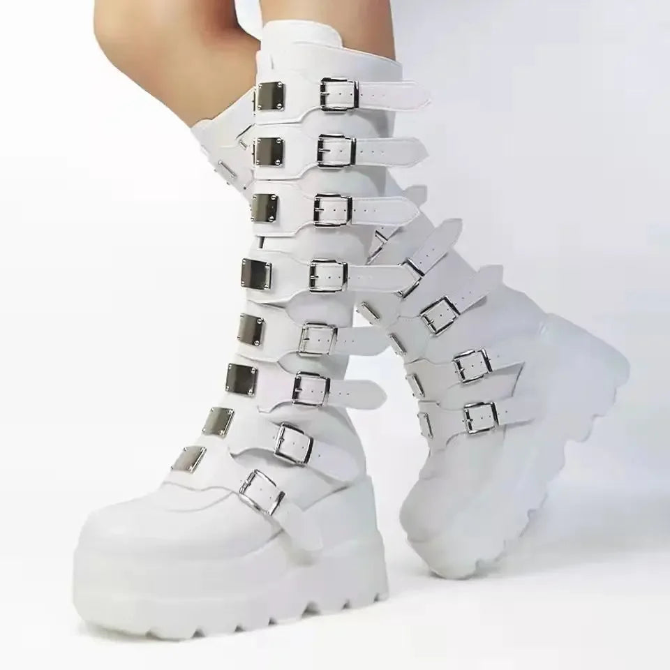 Flat Platform Zipper Women's Rubber Shoes Women Round Toe Knee High Boots Punk Motorcycles Boots Cosplay Cool Girls