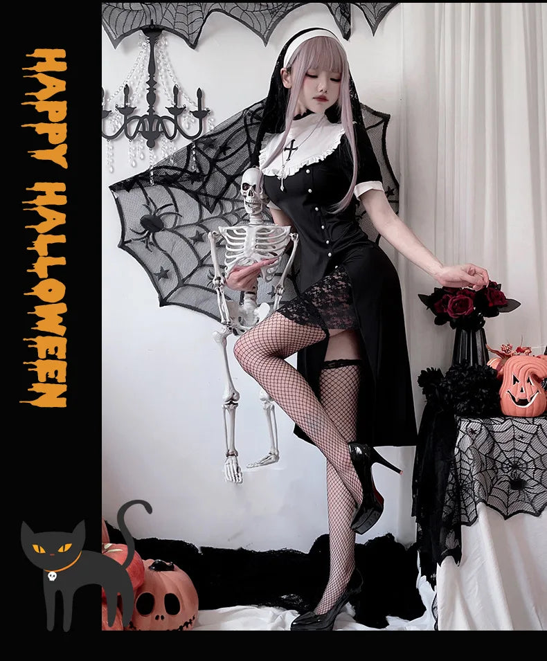 [You're My Secret] 2026 Halloween Cosplay Costumes Women's Vampire Costume Gothic Nun's Clothing Sexy Lace Slim Fit Black Dress