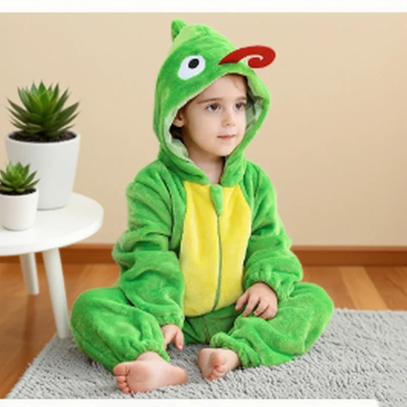 Halloween Costume Chameleon Baby Bodysuit Winter Hooded Plush Thicken Zipper Onesie Playful Cartoon Animal Rompers Holiday Dress