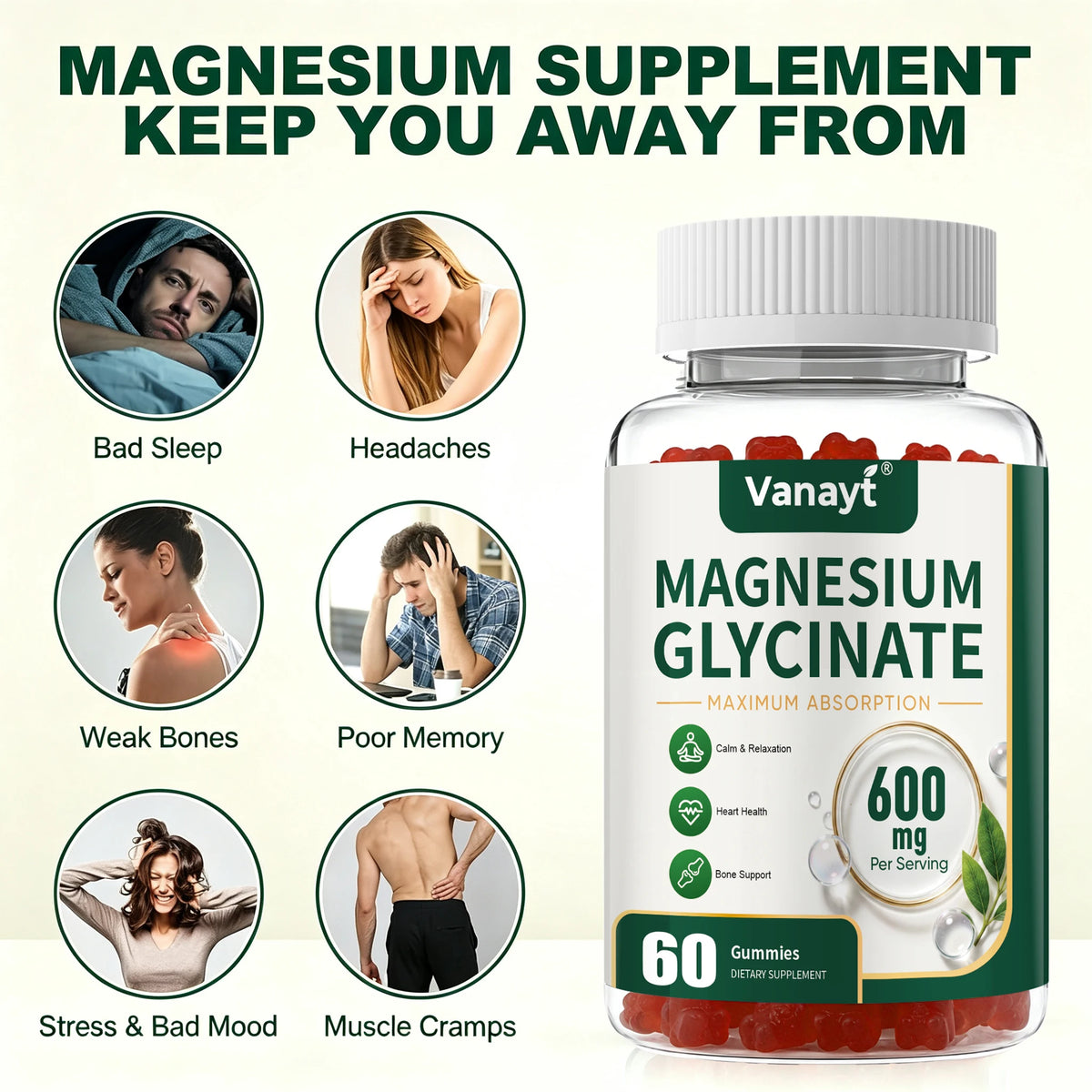 Magnesium Glycinate 600mg Per Serving With Black Pepper Vitamin D3 B6 Supports Normal Muscle Joint Nerve Function Nighttime Relaxation And Daily Wellness